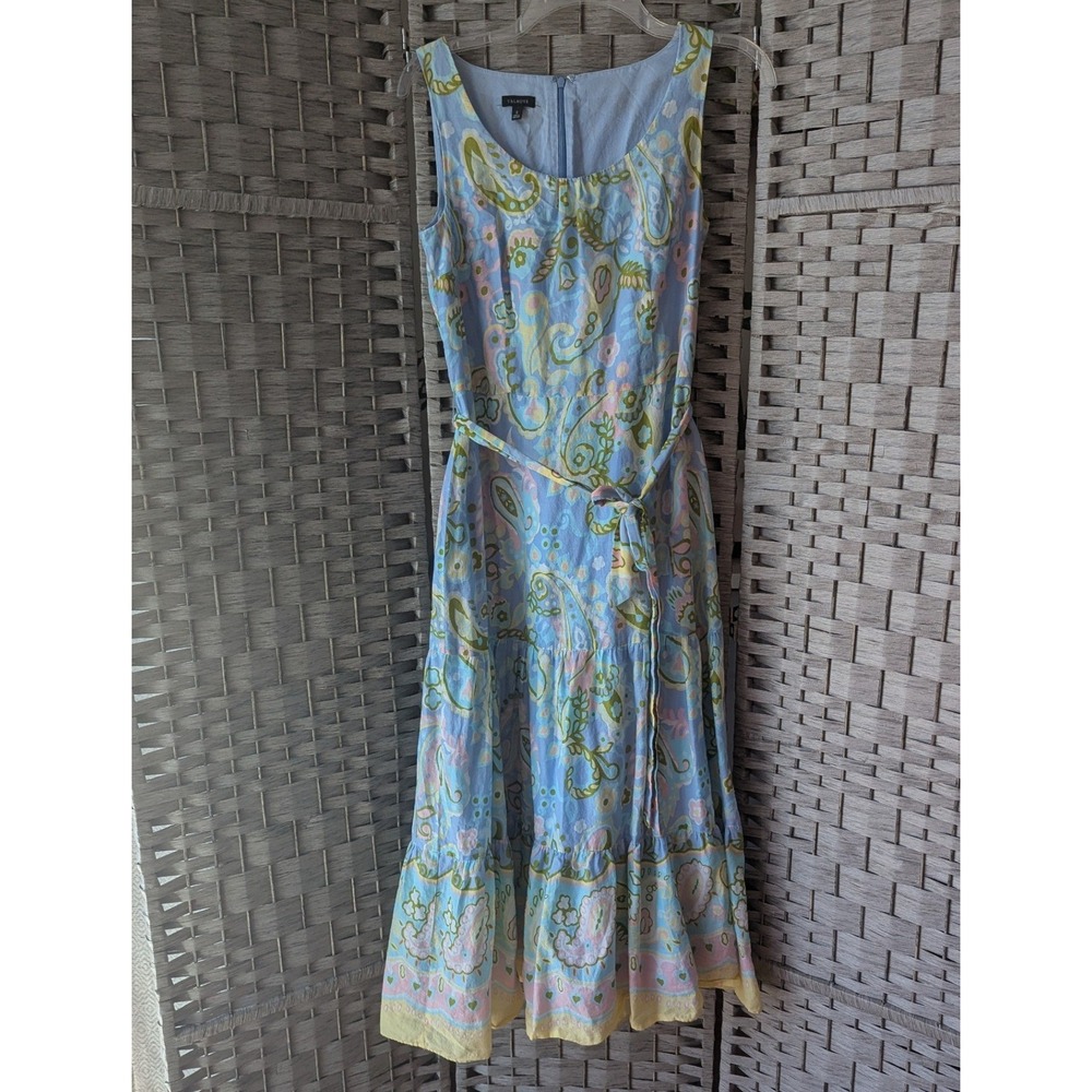 Talbots Midi Dress Blue Paisley Tiered Cotton Sleeveless Tie Waist Sz 2 Pastel